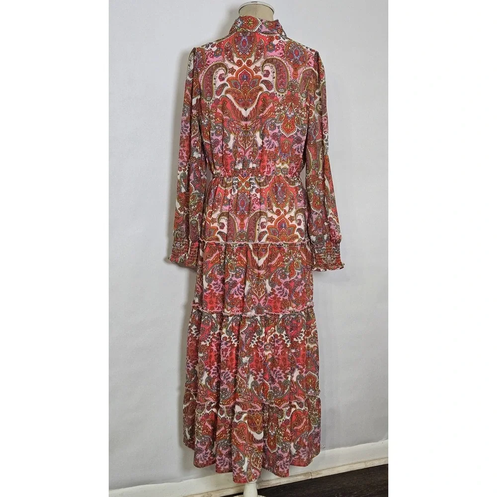 Harlow & Rose Pink Paisley Print Long-sleeve Midi Dress Size Medium Missing Belt - Picture 2 of 16